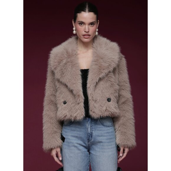 New Avec Les Filles Cropped Faux Fur Coat Taupe XS - Picture 1 of 6